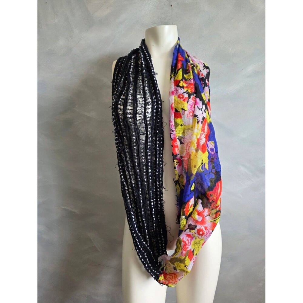 Target Floral Black White Patchwork Infinite Scarf Linen Blend Art To Wear Light